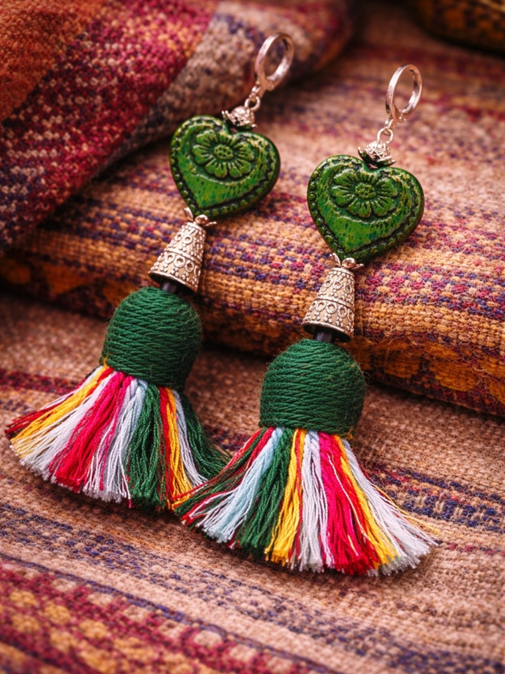 Boho Tassel Earrings . Multicolor Fringe . Tribal Silver . Statement Dangle